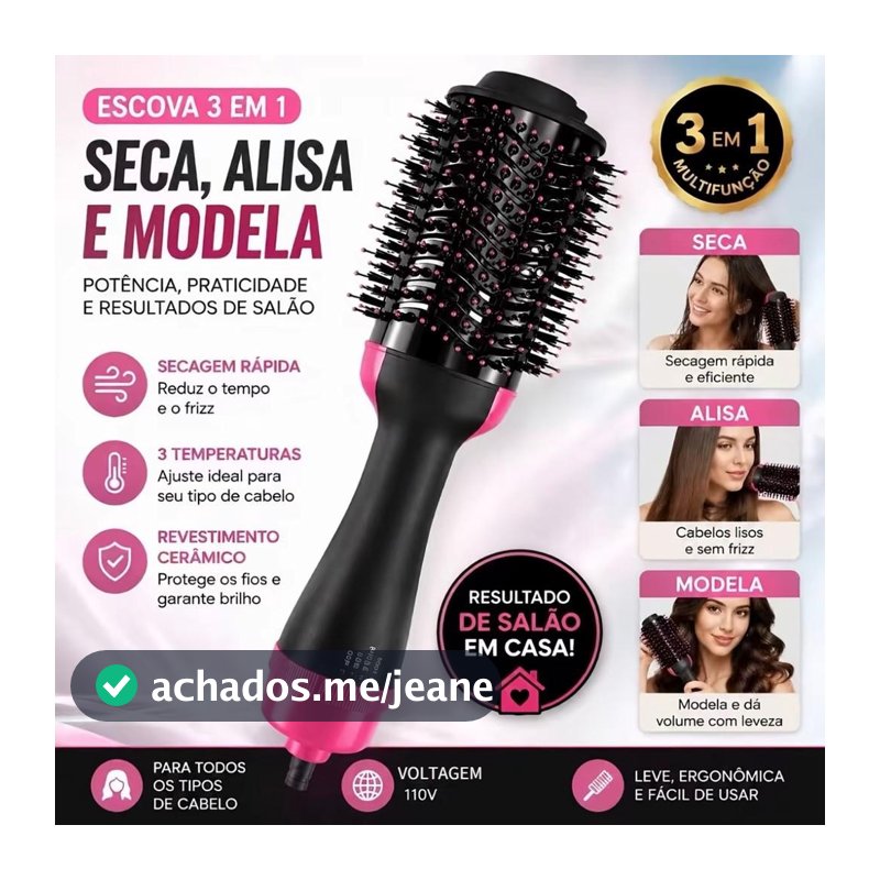 Escova Secadora 3 em 1 One Step Alisadora Modeladora Ar Quente Anti Frizz Profissional