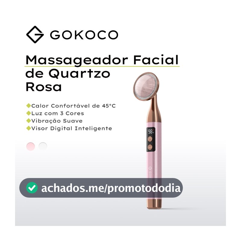GOKOCO Massageador Facial Elétrico Quartzo Rosa com 3 Cores LED, Vibração, Aquecimento 45°C e Display Digital