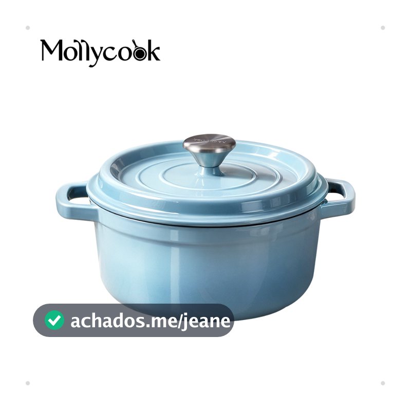 Mollycook Caçarola Ferro Fundido Esmaltado Luxo 22/24cm Antiaderente Fogão Indução Azul Linha Luna