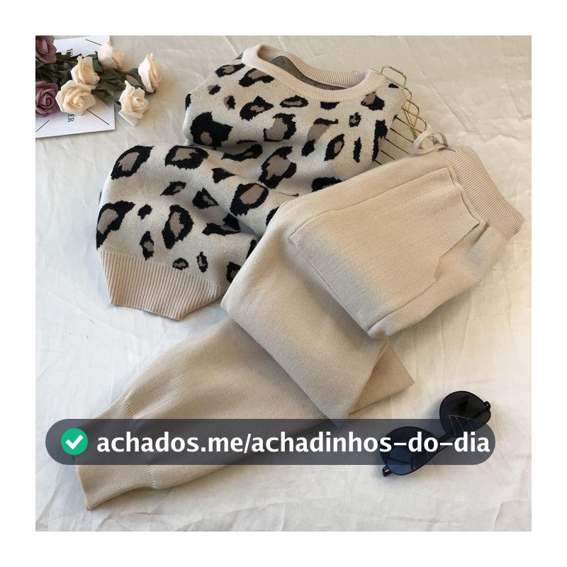 Mulheres Da Cópia Do Leopardo De Malha De Duas Peças Define Primavera Outono Manga Comprida sweater tops E Calças