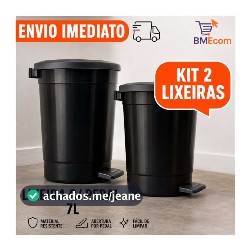 Kit 2 Lixeiras Redondas Com Pedal 7l Litros Preta Cozinha Banheiro Lavanderia Escritório
