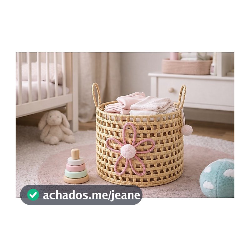 Cesto Organizador com Alças Infantil em Palha Natural Flor 35x25