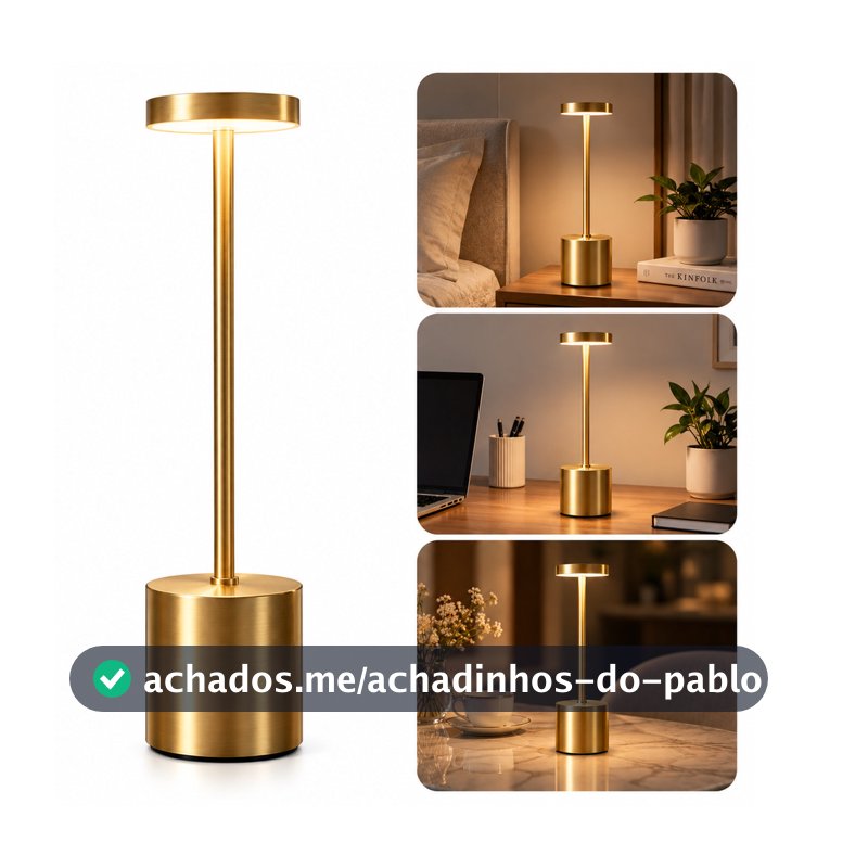 Luminária de Mesa LED Sem Fio Recarregável USB-C Touch 3 Cores de Luz com Brilho Ajustável Abajur Moderno