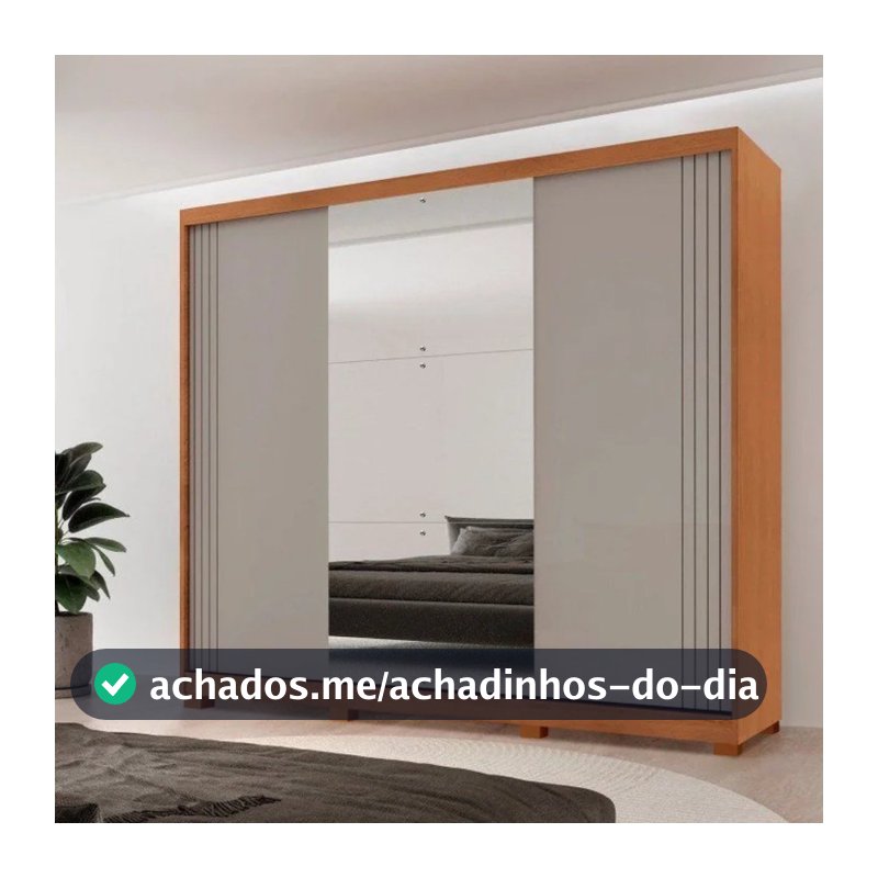 Guarda-Roupa Casal 100% MDF 3 Portas de Correr 2 Gavetas com Pés e Espelho Chile Off White/Marromle Naturalle/Off White