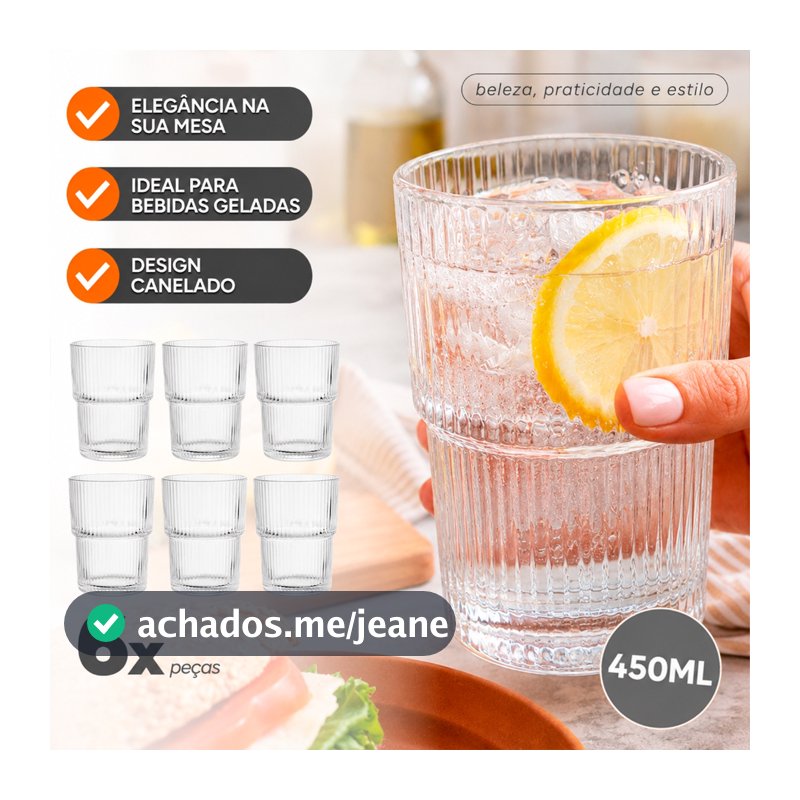 Jogo de Copos Baltic 6 Peças 450ml Vidro Canelado Para Suco Agua Drinks
