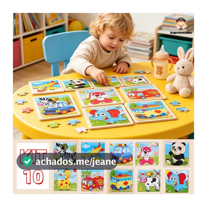 Kit 10 Quebra Cabeça Infantil Mdf 9 Peças c/ Moldura Jogo Pedagógico Lúdico Educativo