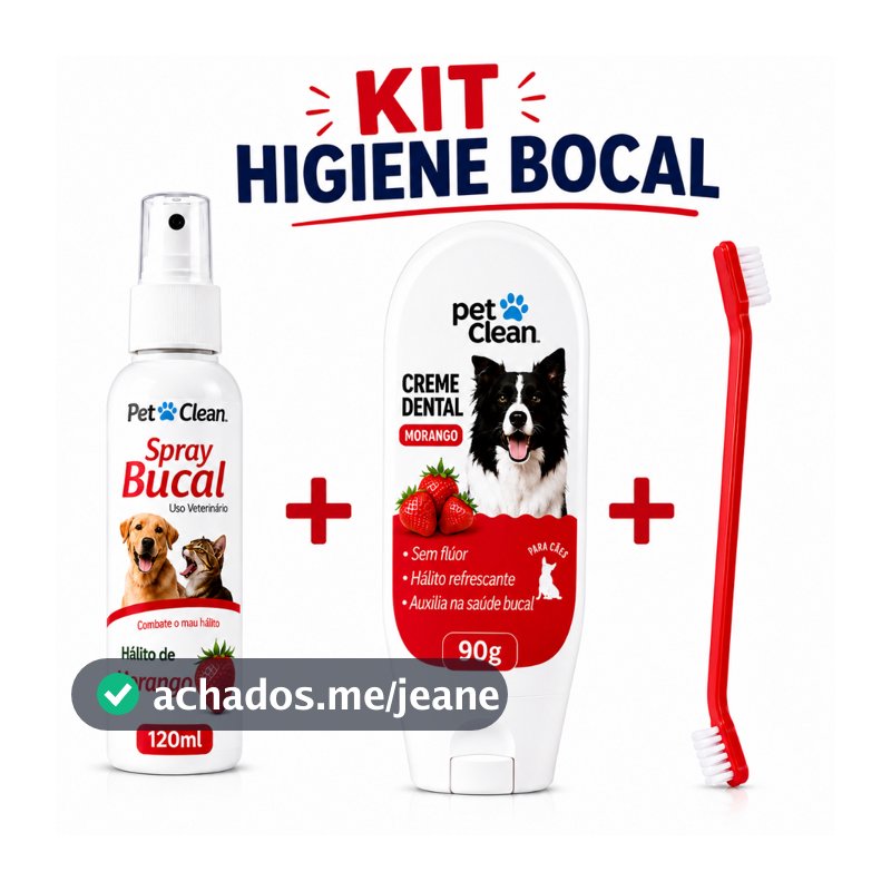 Kit Higiene bucal para Pets  Pet Clean Creme Dental 90GR  + Spray Bucal 120GR + Escova de Dente ponta Dupla