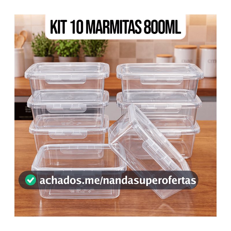 Kit 10 Marmitas Potes 800ml Travas Laterais hermeticas - Livres de BPA Alimentos organiza congelador - KAZIVA