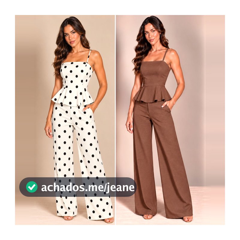 Conjunto Feminino Larissa Cropped Peplum com Bojo e Calça Pantalona Alfaiataria Poá Cintura Alta com Bolso