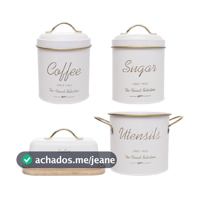 Lata Para Café Açúcar Manteigueira E Porta Talheres Metal Branco Dourado Olina Wolff Kit Luxo