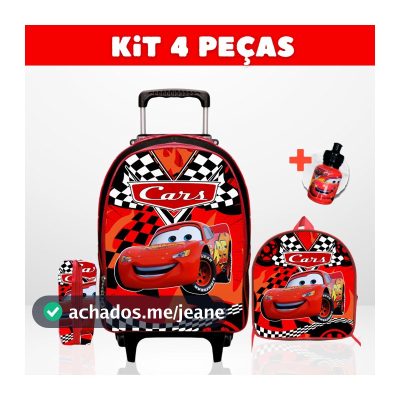 Mochila Escolar Infantil Carros com lancheira e estojo
