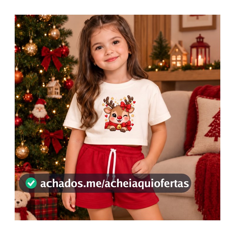 Conjunto Infantil Feminino Natal Short e Cropped Roupa Criança Menina Conjuntinho Estiloso Ceia Natalina