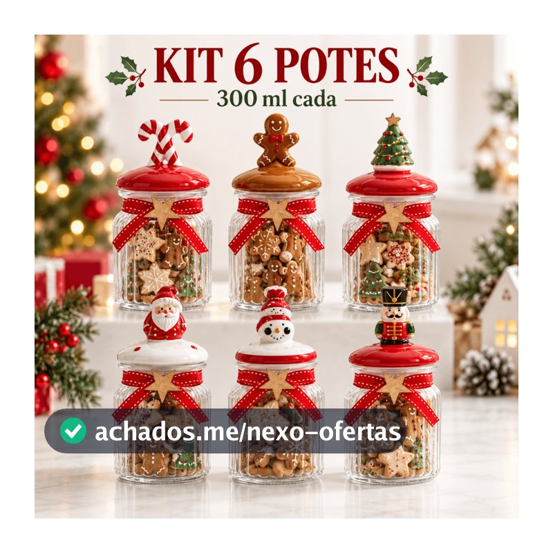Kit 6 Potes de Vidro Natalino Canelado 300ml Tampa de Cerâmica Gengibre - Porta Biscoitos, Decoração de Natal