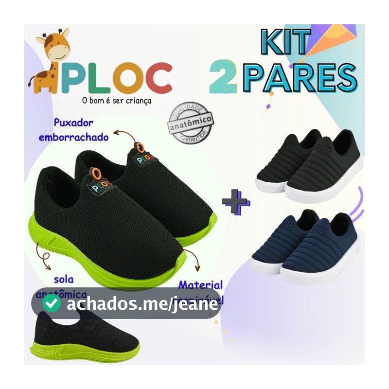 KIT 02 PARES TÊNIS INFANTIL: TÊNIS PLAY P26 COR A ESCOLHER + IATE MARINHO - PLOC ORIGINAL