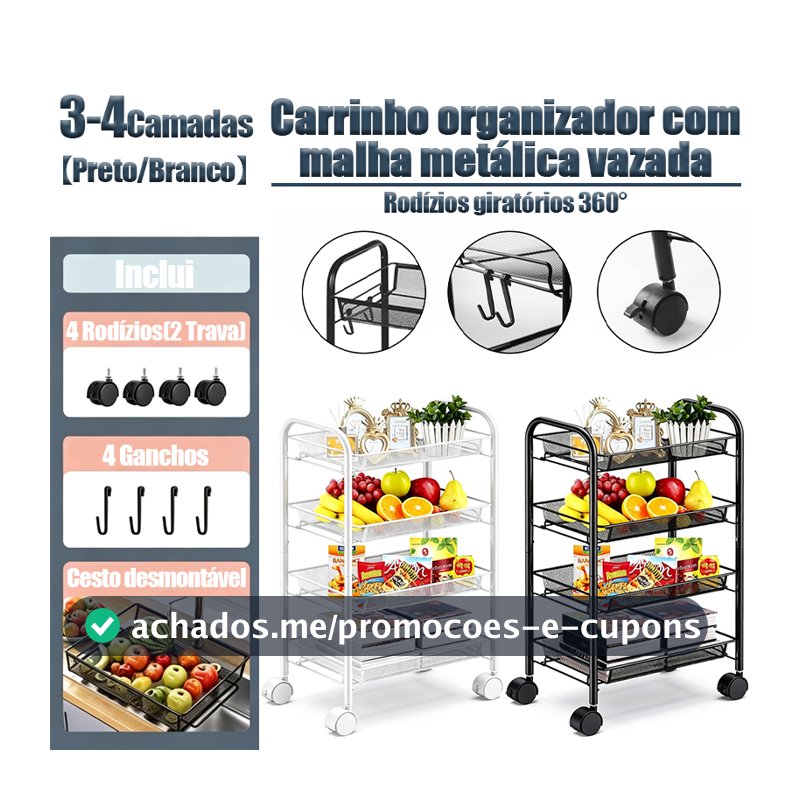 Carrinho Inox 3/4 Andares Organizador Multiuso Aramado com Rodinhas para Cozinha, Banheiro e Cosméticos