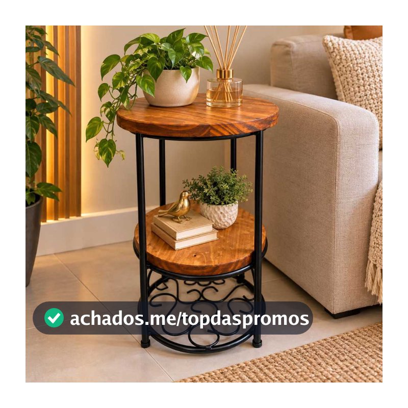 Mesa Lateral criado mudo Redonda Ferro e Madeira Rústica para Sala e Decoração