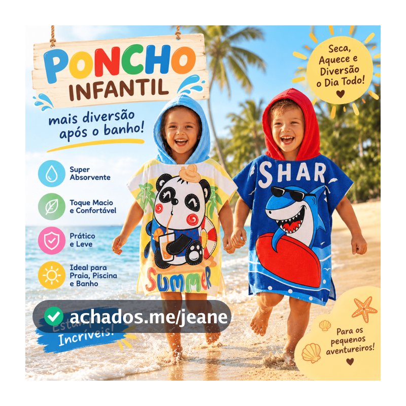Toalha de Banho Infantil para Banho Piscina Praia com Capuz | Poncho Menino Menina Roupão
