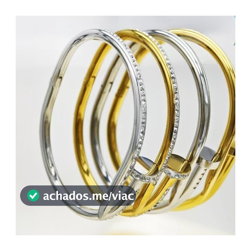 Moda Bracelete Prego com Strass Prata e Dourado Elegância Feminina em Aço Inoxidável