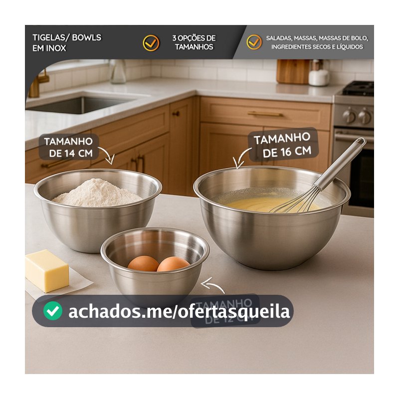 Bowls de Aço Inox com Marcação 12/14/16 cm Profissional e Uso Doméstico 3 Tamanhos Alta Durabilidade