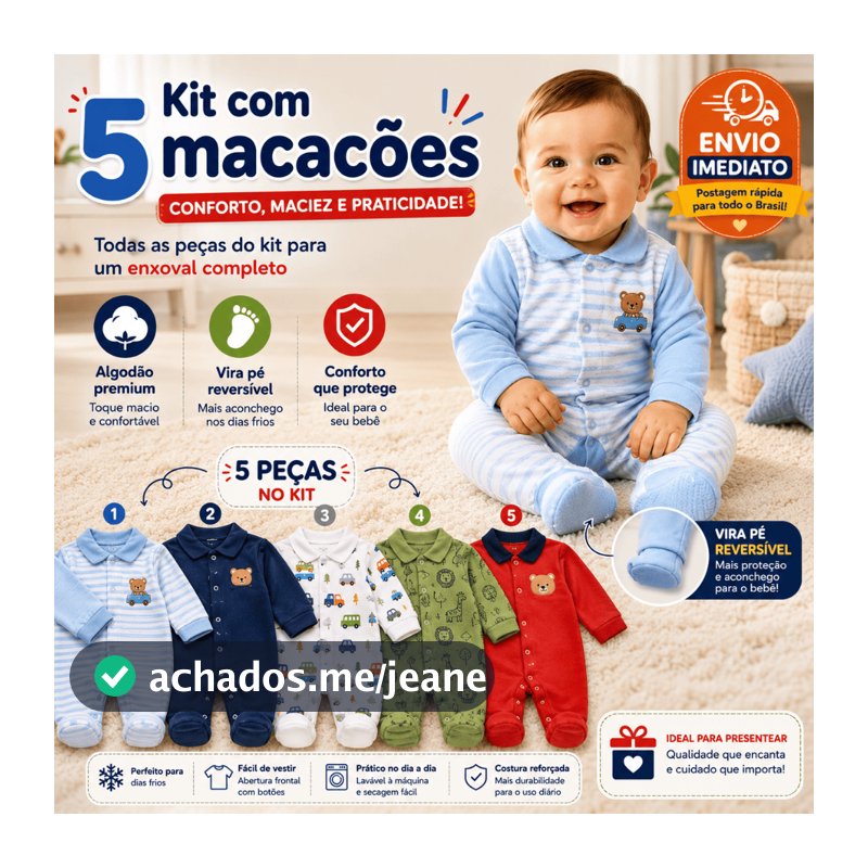 Kit 5 Macacões Bebê Menino Algodão Vira Pé Inverno Estampado Macio Confortável Enxoval