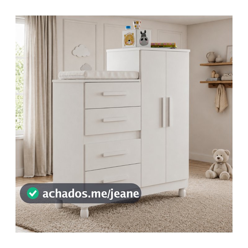 Cômoda Roupeiro Infantil 4 Gavetas com Porta e Cabideiro Trocador Bebê Branco Quarto Completo