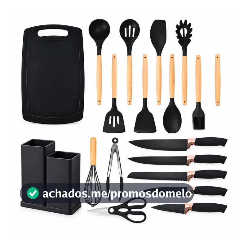 Kit Conjunto De 19 Peças Utensílios Cozinha Silicone Tabua Cor Preto
