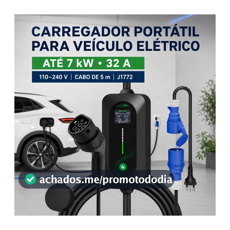 Wallbox Portátil EV 7kW 32A Tipo 2 Bivolt– Carregador com Ajuste de Corrente 8-32A para a Maioria dos Elétricos