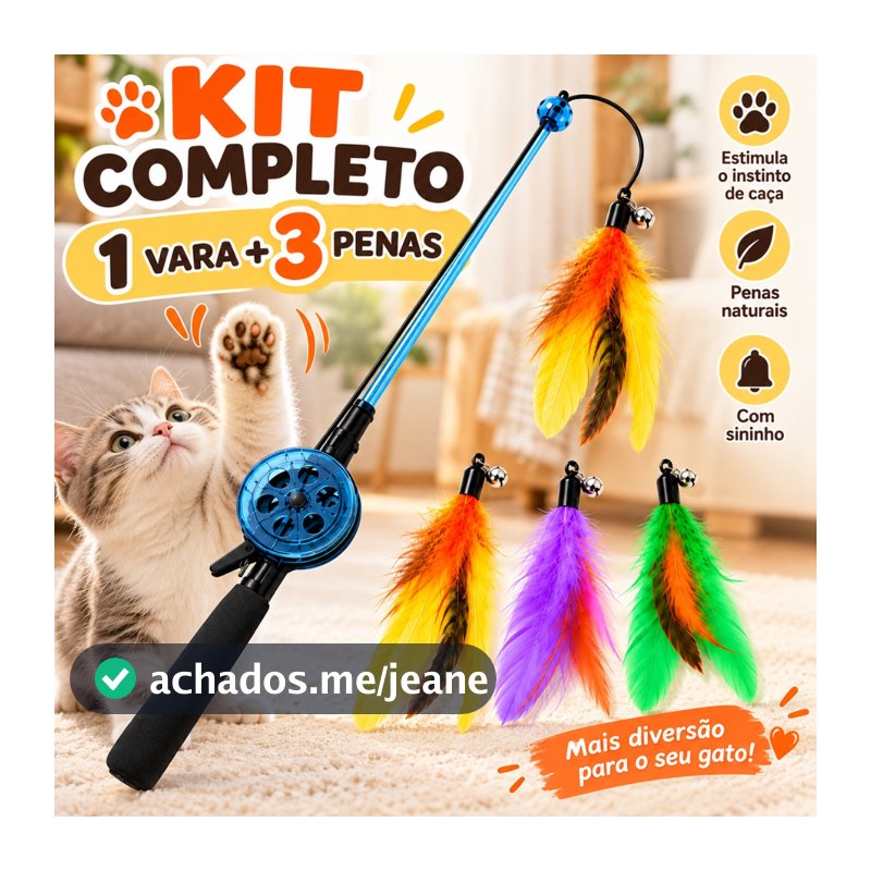 Kit Varinha para Gatos + 3 Refis de Penas | Brinquedo Interativo com Carretel Retrátil e Sininho