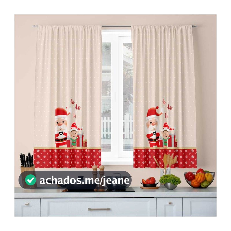 Cortinas para Cozinha Natalina passa varão 2.00m x 1.36m Decorativa Envio Rápido Noel e Duendes