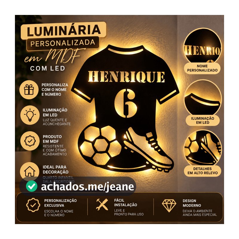 Luminária Camisa de Futebol Personalizada com Nome e Número LED MDF