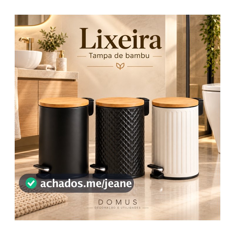 Lixeira 5 Litros e Pedal Tampa Bambu Para Casa Banheiro Cozinha Lavabo  em Metal Decorativa Multiuso