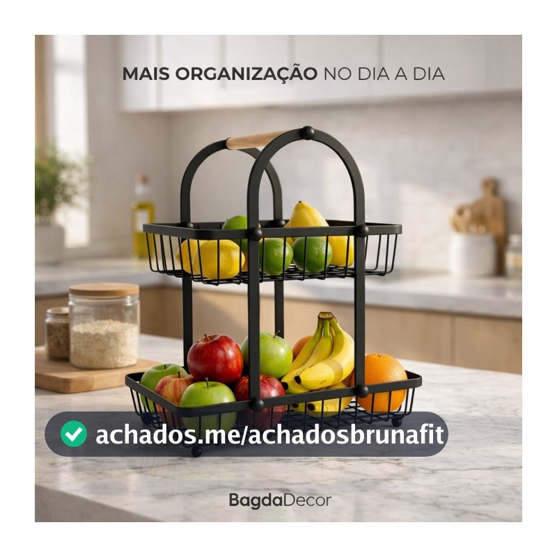 Fruteira 2 Andares Ferro e Madeira Organizador Premium para Bancada de Cozinha Moderna Luxo
