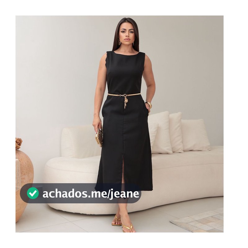 Vestido Feminino Midi Alfaiataria Alças Largas Bolsos e Fenda Sofisticada Festas