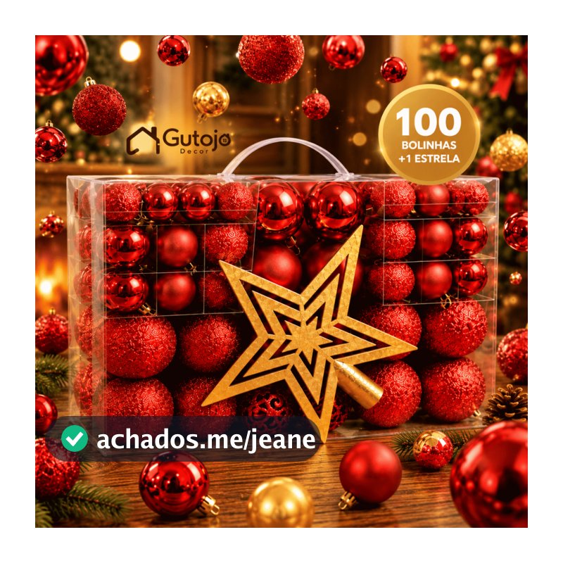 Kit 100 Bolas de Natal + Estrela para Árvore Decoração Premium Bolinhas Mistas Lisas Foscas Glitter Dourada e Vermelha