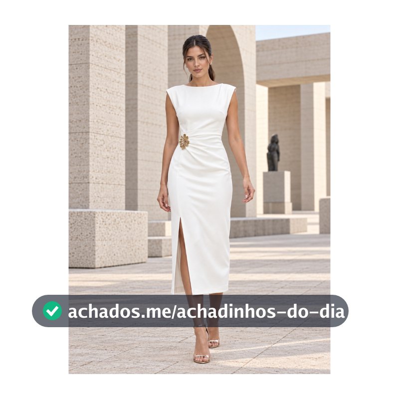 Vestido Midi Louis Twill Alfaiataria Luxo com Fenda e Zíper Invisível Broche Festa P M G REF 25108