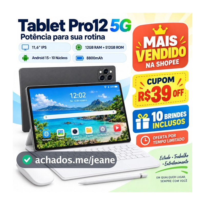 Tablet pad Pro12 5G Tela Grande PC Android 15 12GB RAM 512GB Com Teclado Bluetooth Mouse Caneta Stylus Kit Completo