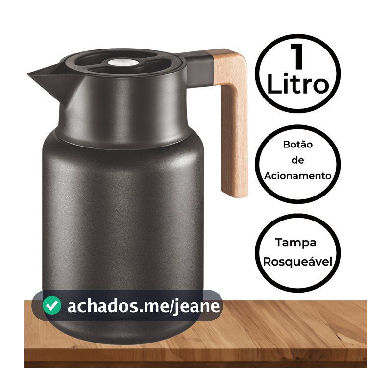Vittak Garrafa Térmica Nórdica 1 Litro Café Chá Bule Cabo Madeira Mesa Posta Botão Fixa Temperatura Wood 1L