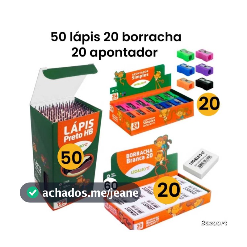 Kit 50 Lápis de Escrever Preto 20 Borracha Escolar Branca N60 20 Apontador Simples  Escolar Leo&Leo