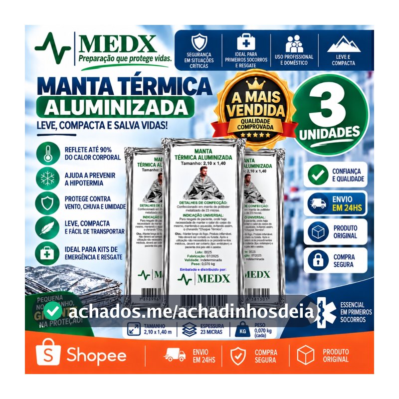 Kit 3Un Manta Térmica Aluminizado Para Resgate, Emergência e Camping Isolamento Térmico