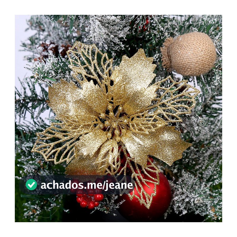 10 Flores Artificiais 8cm com Glitter Design Realista para Decoração de Natal