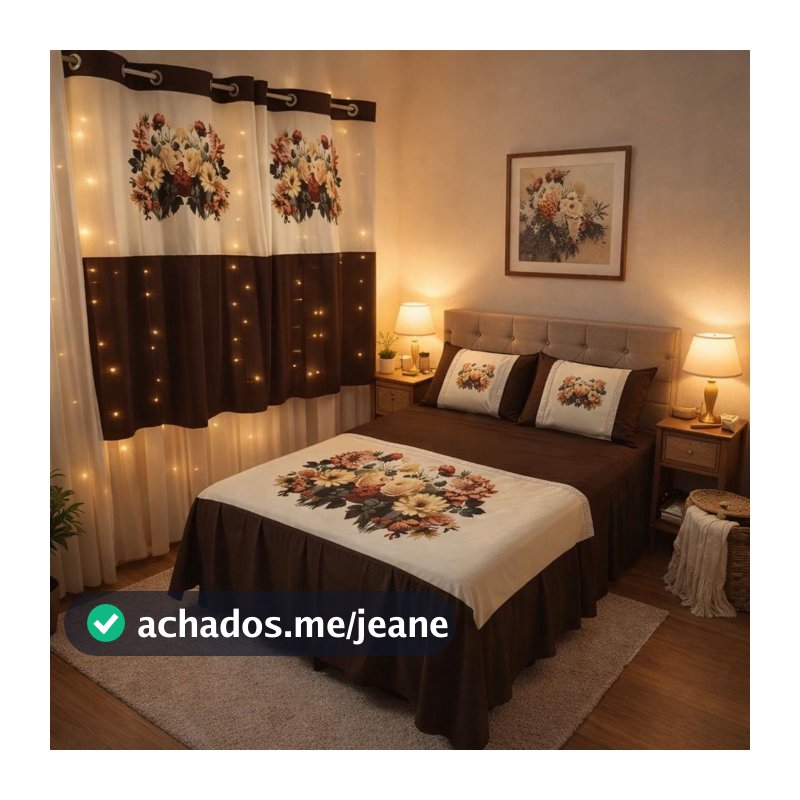 kit de quarto casal floral 5 peças, colcha com babado medindo 2.45m x 2.50m e duas cortinas para janela