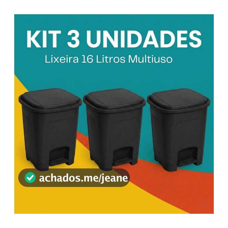 Kit 3 Lixeiras 16 Litros Com Pedal Preta Plástico Resistente Multiuso Cozinha Escritório Banheiro