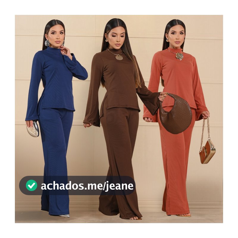 Conjunto Feminino Blusa Gola Alta Manga Longa Flare Mais Calça Pantalona Elegante Inverno Frio
