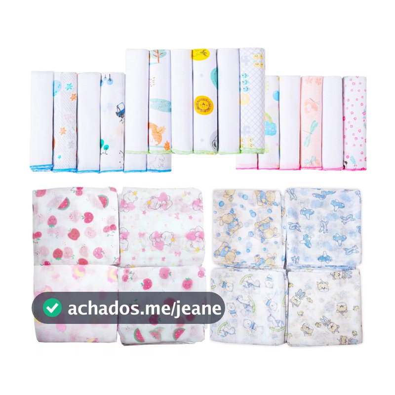Kit 11 Peças - 5 Fraldas 60x60cm + 6 Paninho de Boca 30x30cm 100% Algodão Grande Macias Estampadas
