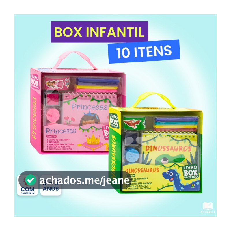 Livro Box Divertido Infantil c/ 10 Itens | Princesa Dinossauros Animais Unicórnios Escolinha | Atividade para Criança