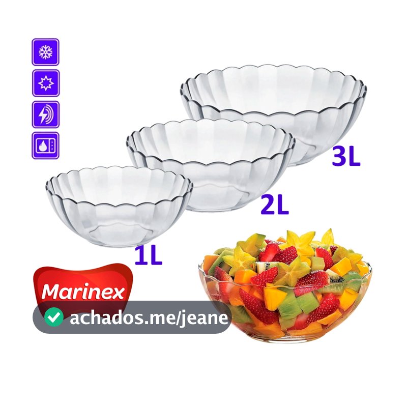 Jogo Kit Tigela Bella Saladeira Vidro Astral Cristal Transparente Conjunto Marinex Buffet Refeição