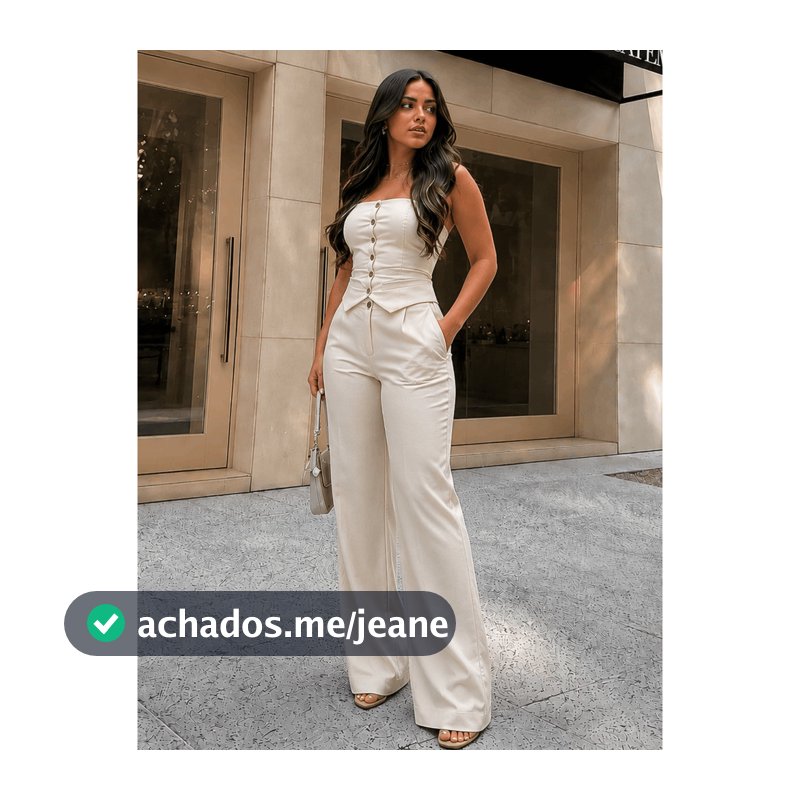 Conjunto Alfaiataria Cropped Tomara que Caia Social Elegante Calça Pantalona Blusa Elástico Lastex Botão Verão Feminino-