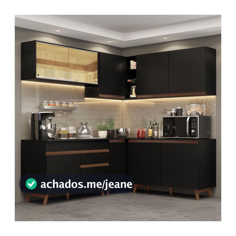Cozinha Completa de Canto Madesa Reims 382001 com Armário e Balcão - Preto
