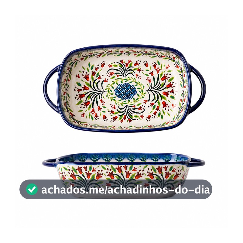 Travessa Retangular de Cerâmica com Alças Duplas 730ml Assadeira Floral Azul Estilo Polonês para Forno