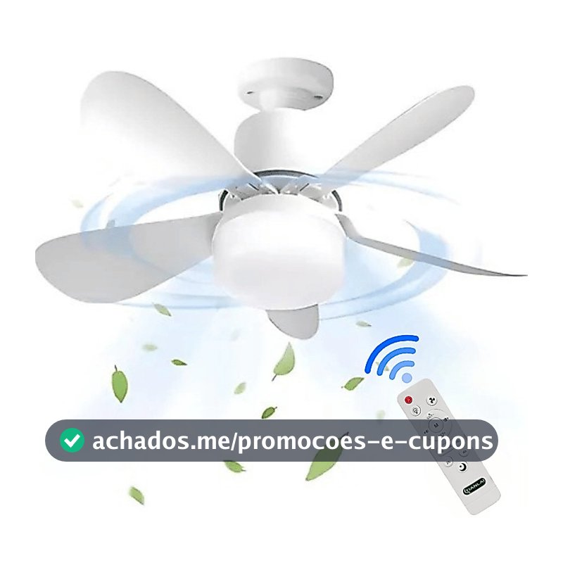 Ventilador 80w de Teto Silencioso LED 3 Cores Bulbo 12w com Controle Bivolt 5 Pás Branco Potente
